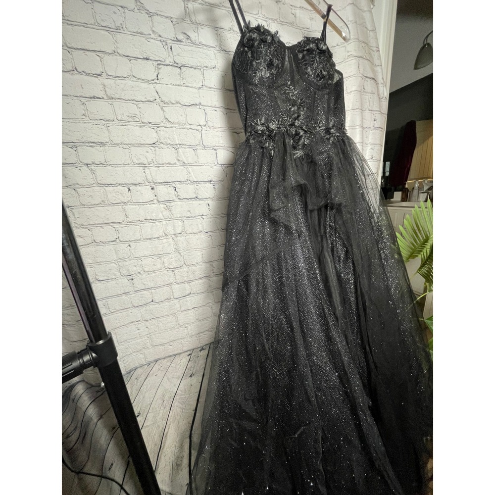 Black Glitter Tulle Gown 3D Floral Corset High Low Prom Formal Dress - Picture 5 of 6